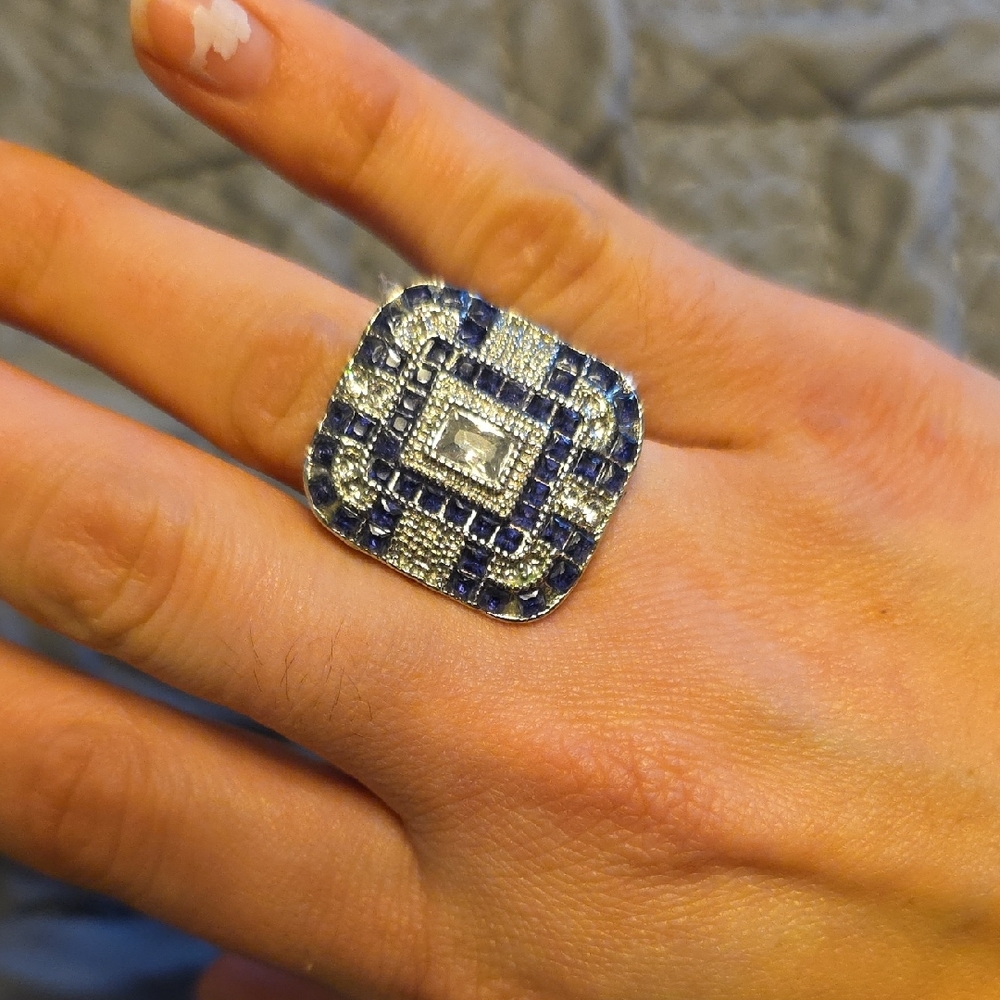 Giant Silver and Blue Geometric Costume Ring